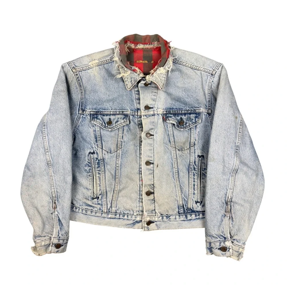 Vtg Thrashed 80s Levi's Denim Trucker Jacket L Buffalo Plaid Lined Distressed